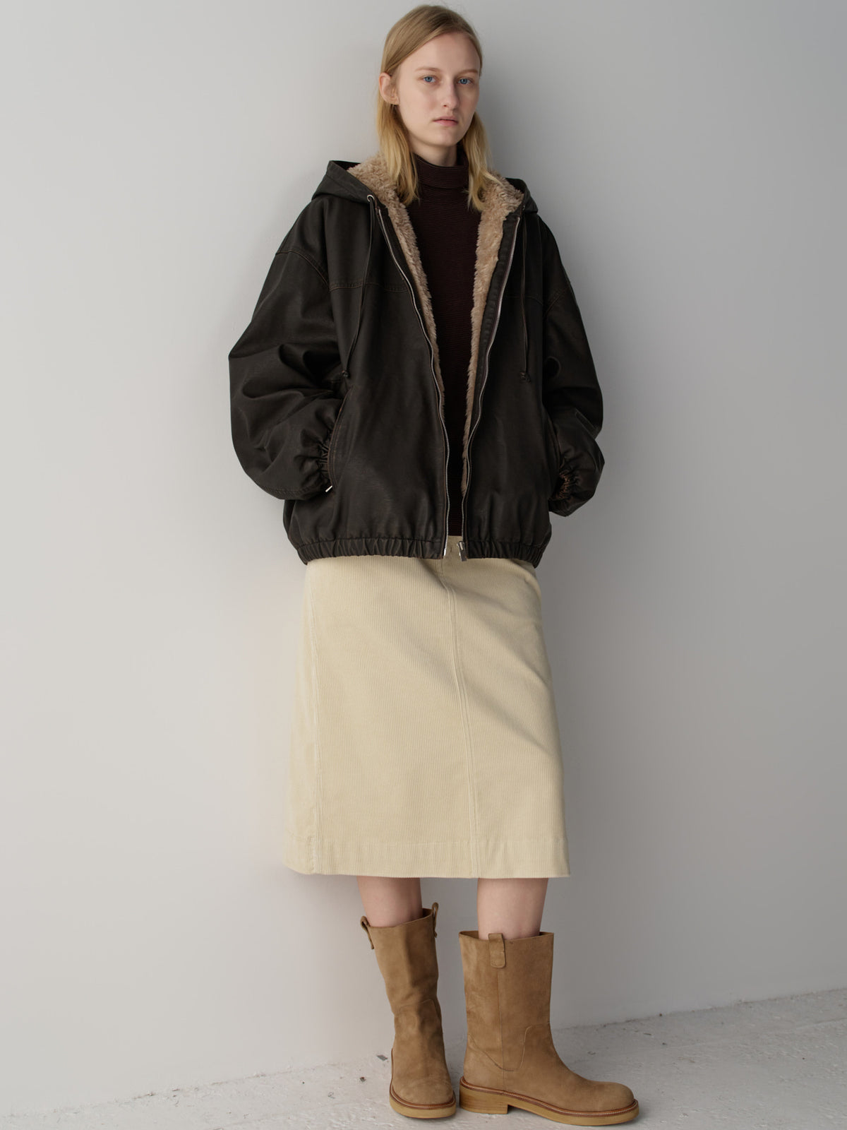 Facade Pattern Leather Fur Zip-Up Hoodie dark brown