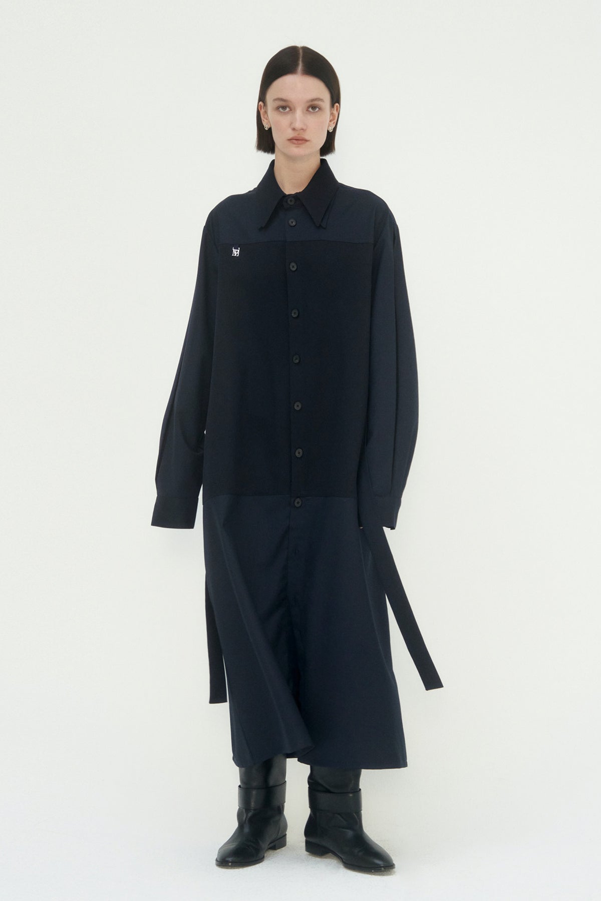 Treemingbird Half-And-Half Collar Shirt One-Piece Navy