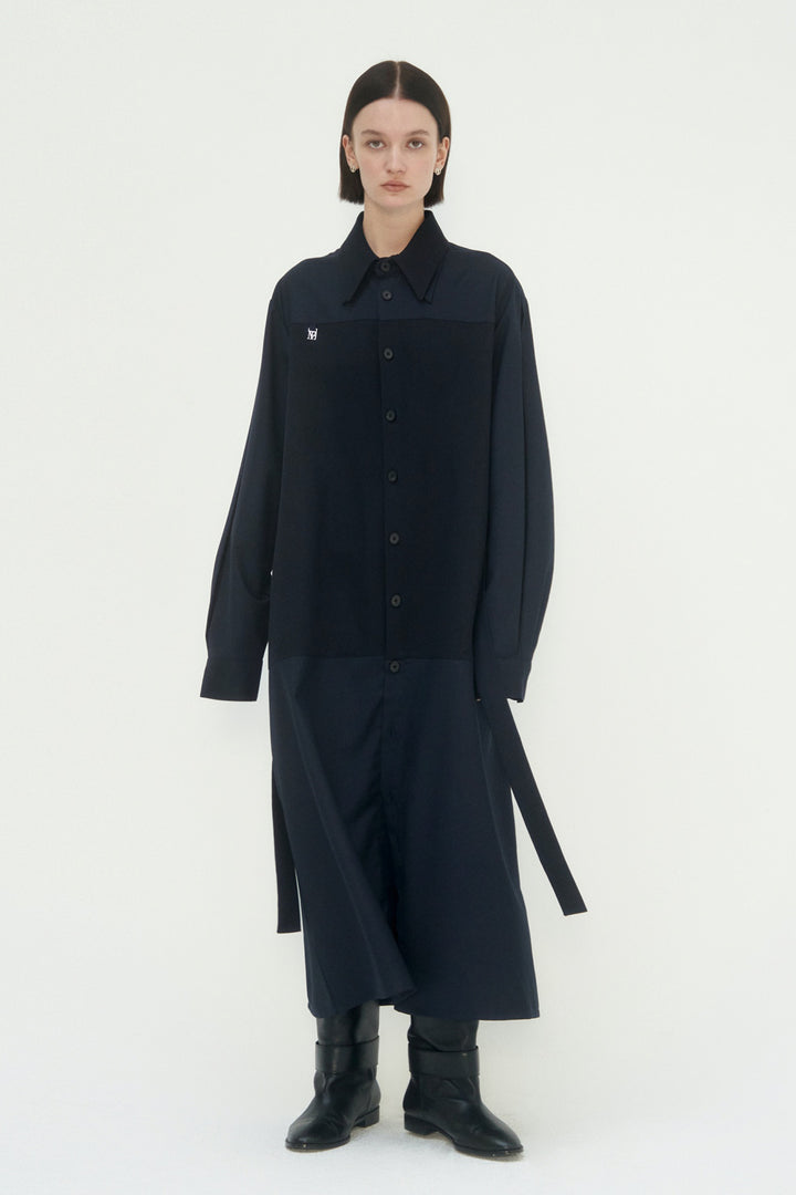 Treemingbird Half-And-Half Collar Shirt One-Piece Navy