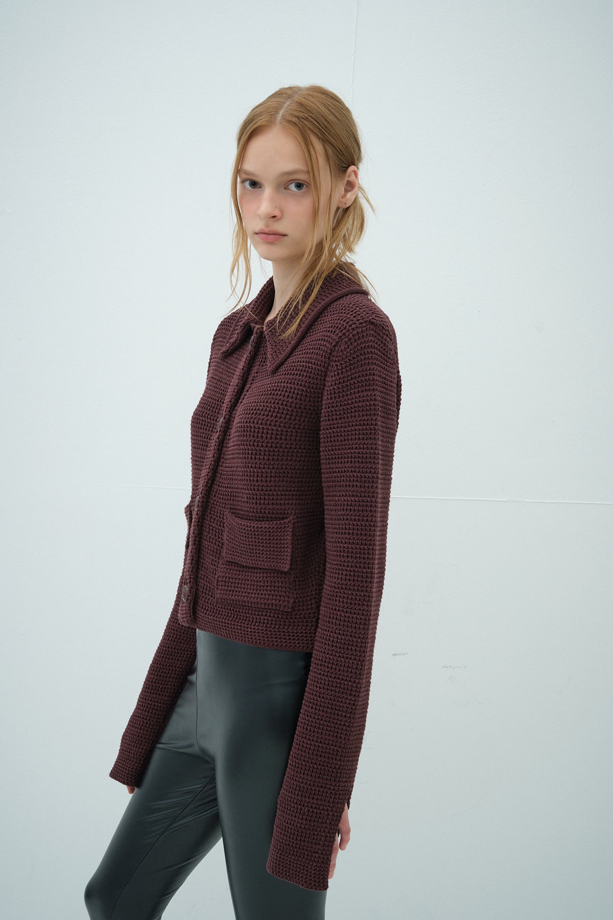 Overdueflair Collar Knit Jacket Red Brown