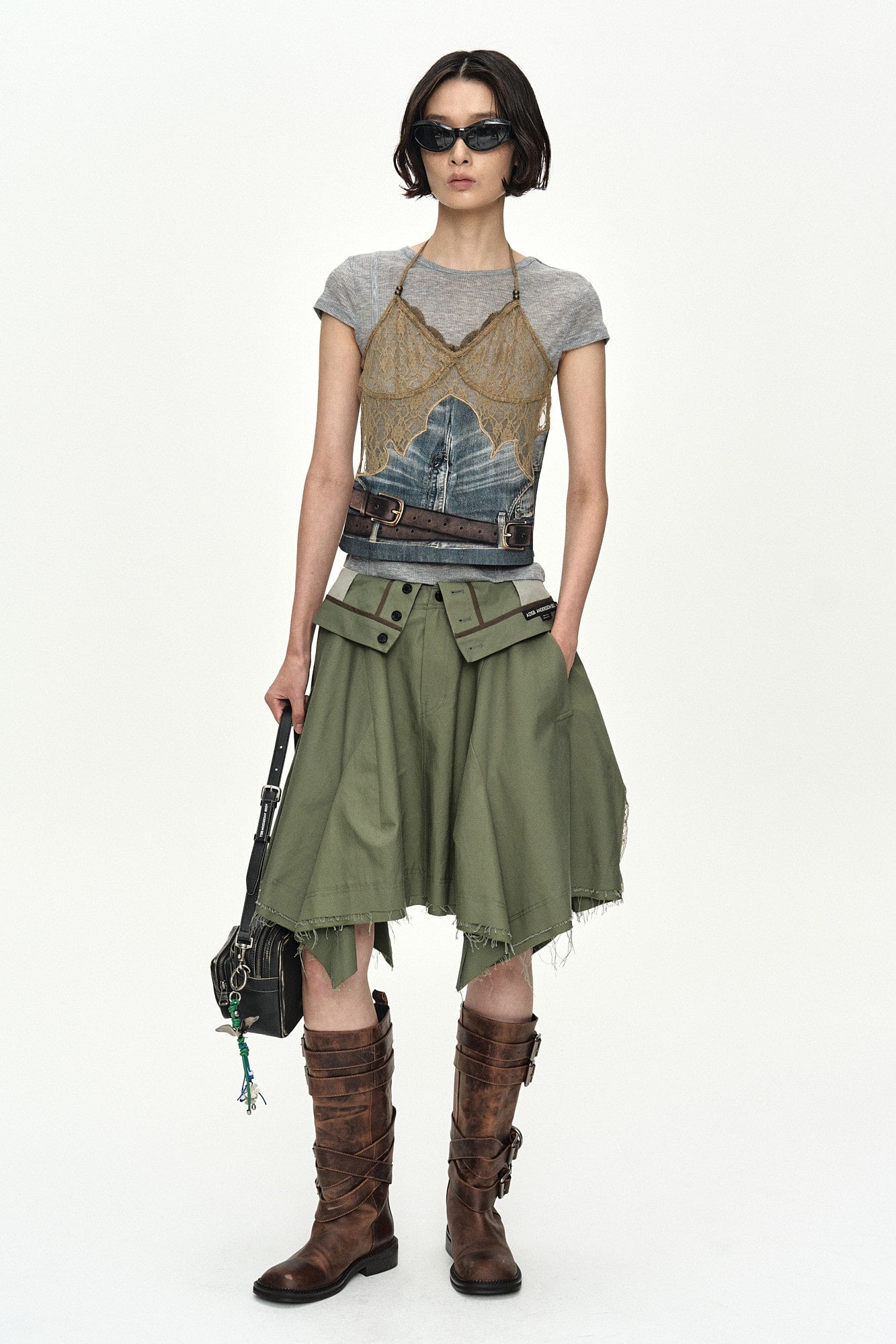 Andersson Bell Belted Denim Printed Lace Bustier