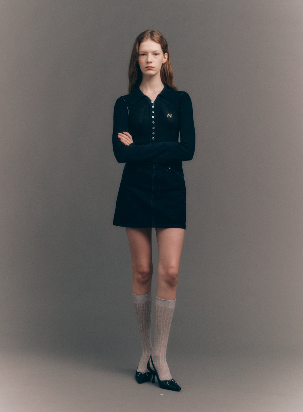 [satur] (W) Collar Button Long Sleeve Knit - Black