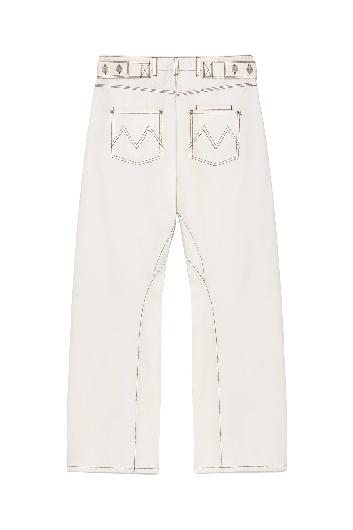 [matinkim] WAIST BUCKLE CURVED TWILL DENIM PANTS IN WHITE