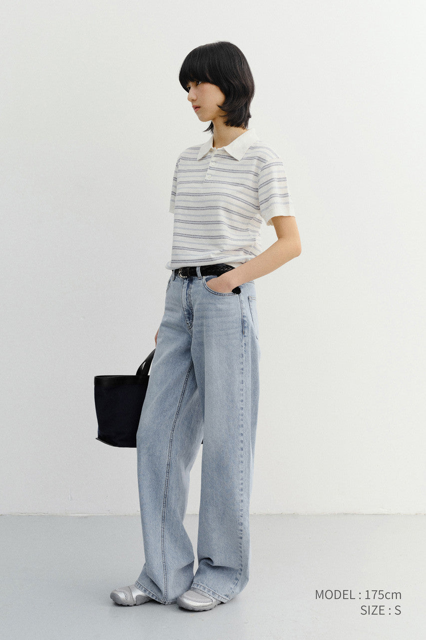 Dunst Unisex Striped Polo Knit White Soft Blue