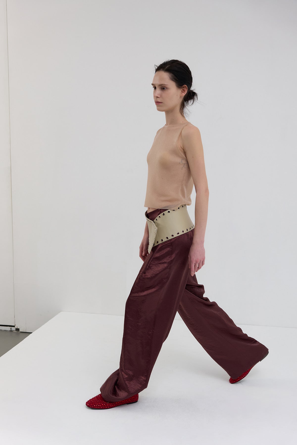 Overdueflair Sheer Glossy Halter Knit Top Nude Beige