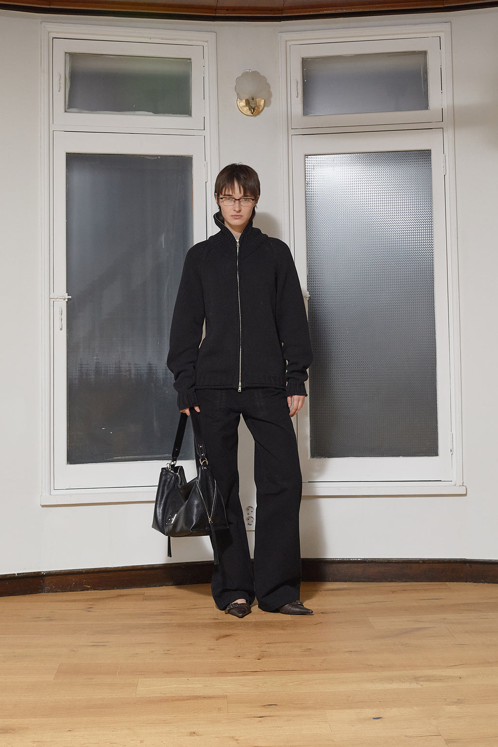 [matinkim] APPLIQUE LOGO PATCH KNIT ZIP UP FOR WOMEN IN BLACK