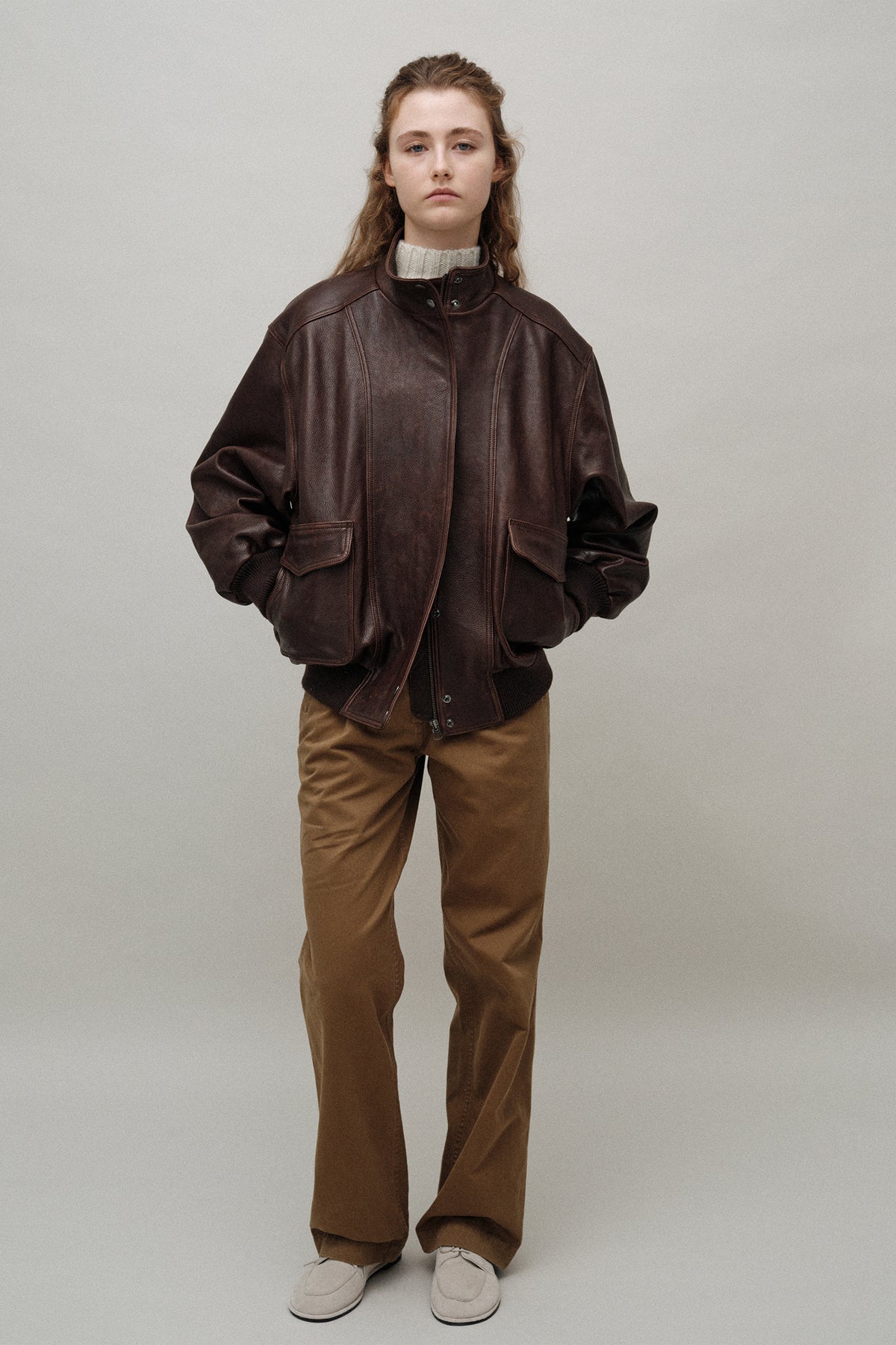 Nothing Written Stand collar leather blouson (Vintage brown)