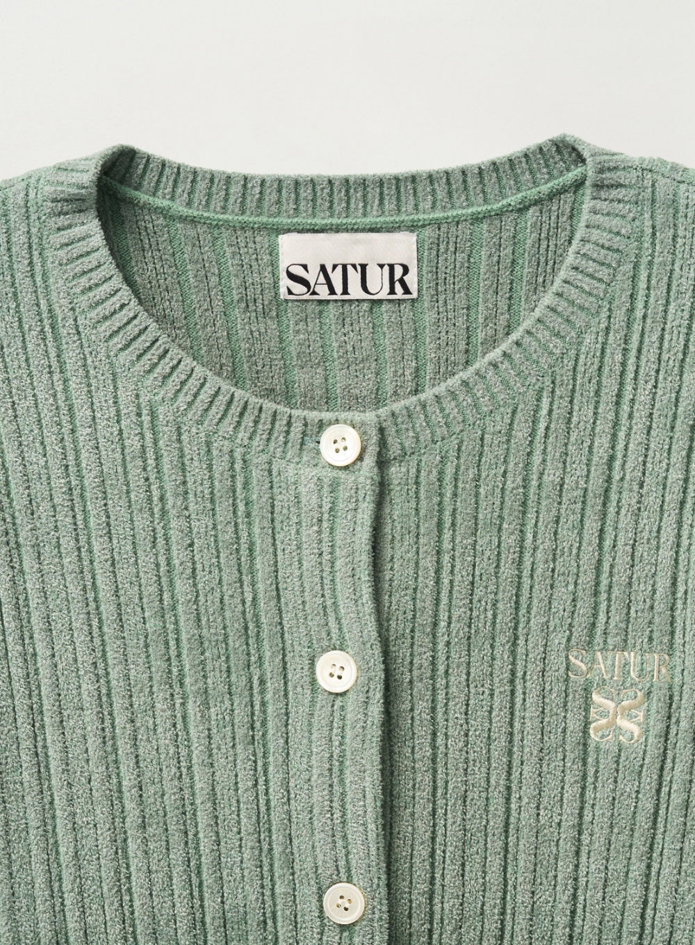 [satur] (W) Fleece Crew Neck Cardigan - Mint