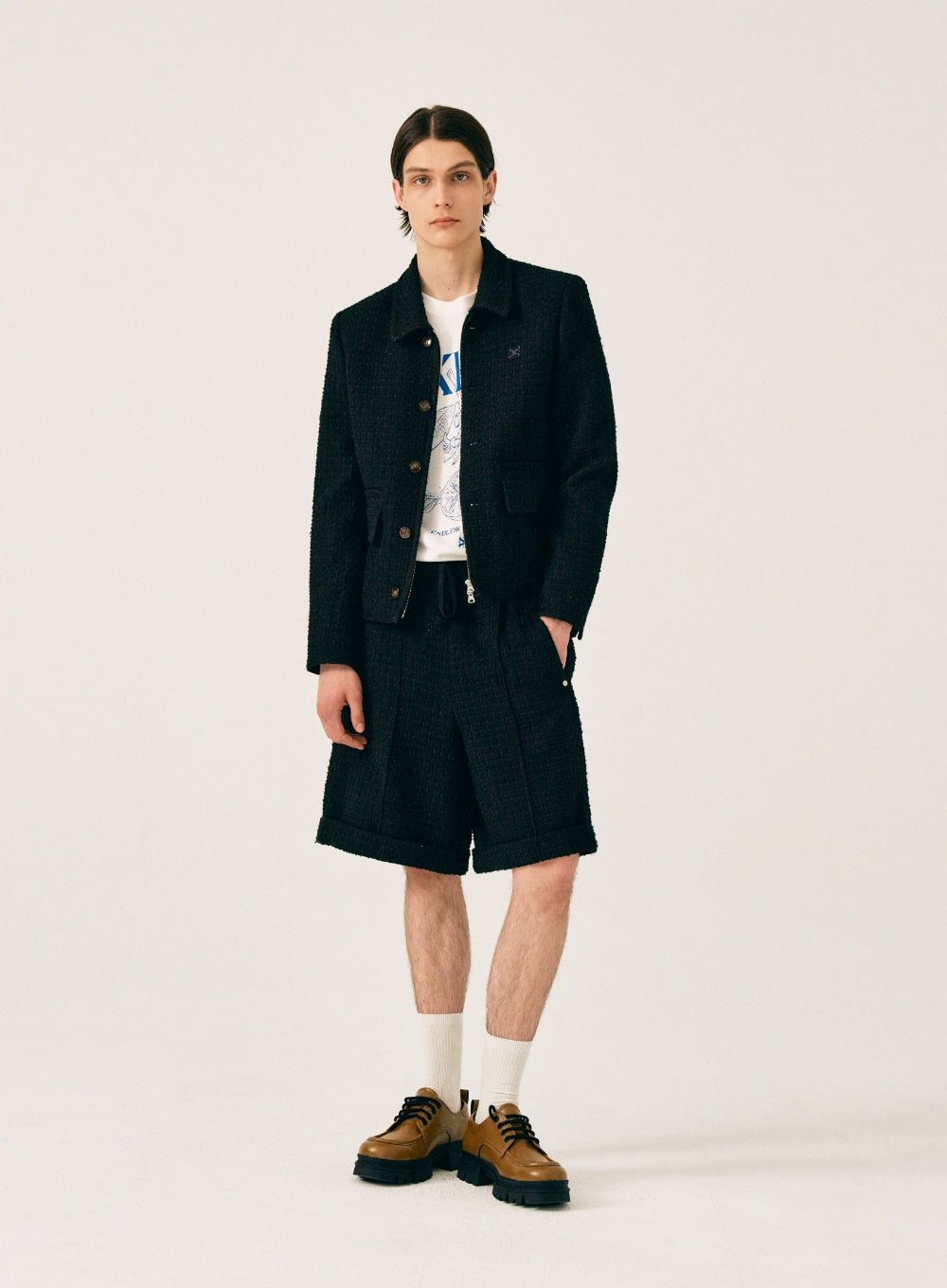 [satur] Aachen Wool Blend Tweed Half Pants - Resort Black