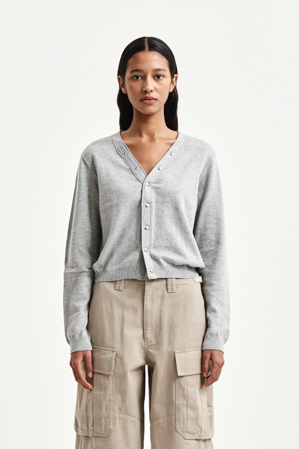 [matinkim] BACK LOGO SNAP BUTTON CARDIGAN IN GREY