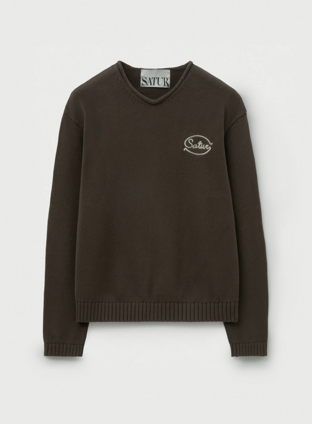 [satur] Rope Logo Embroidered V-Neck Knit - Brown