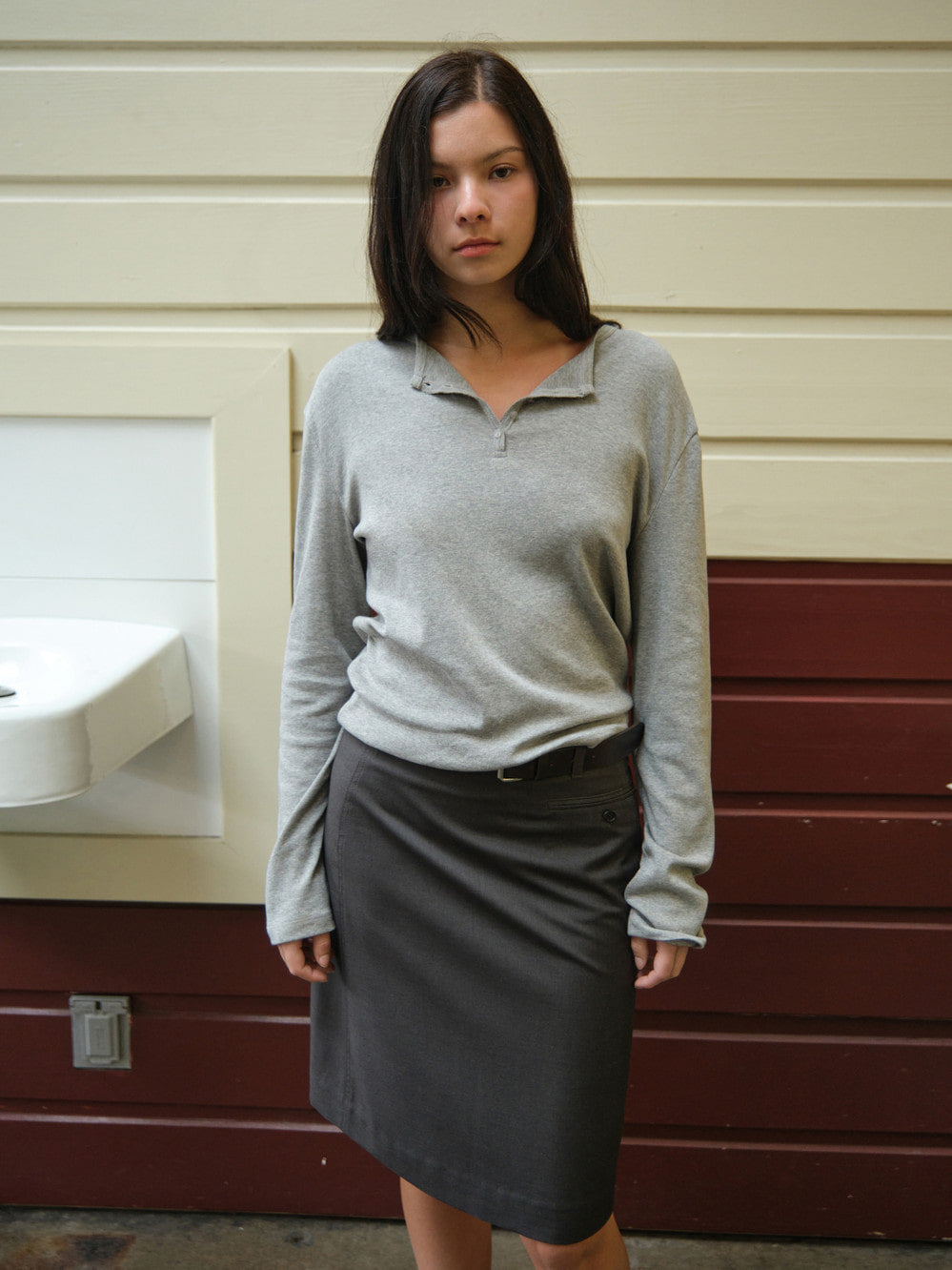Low Classic Relaxed Henley Tee Melange Grey