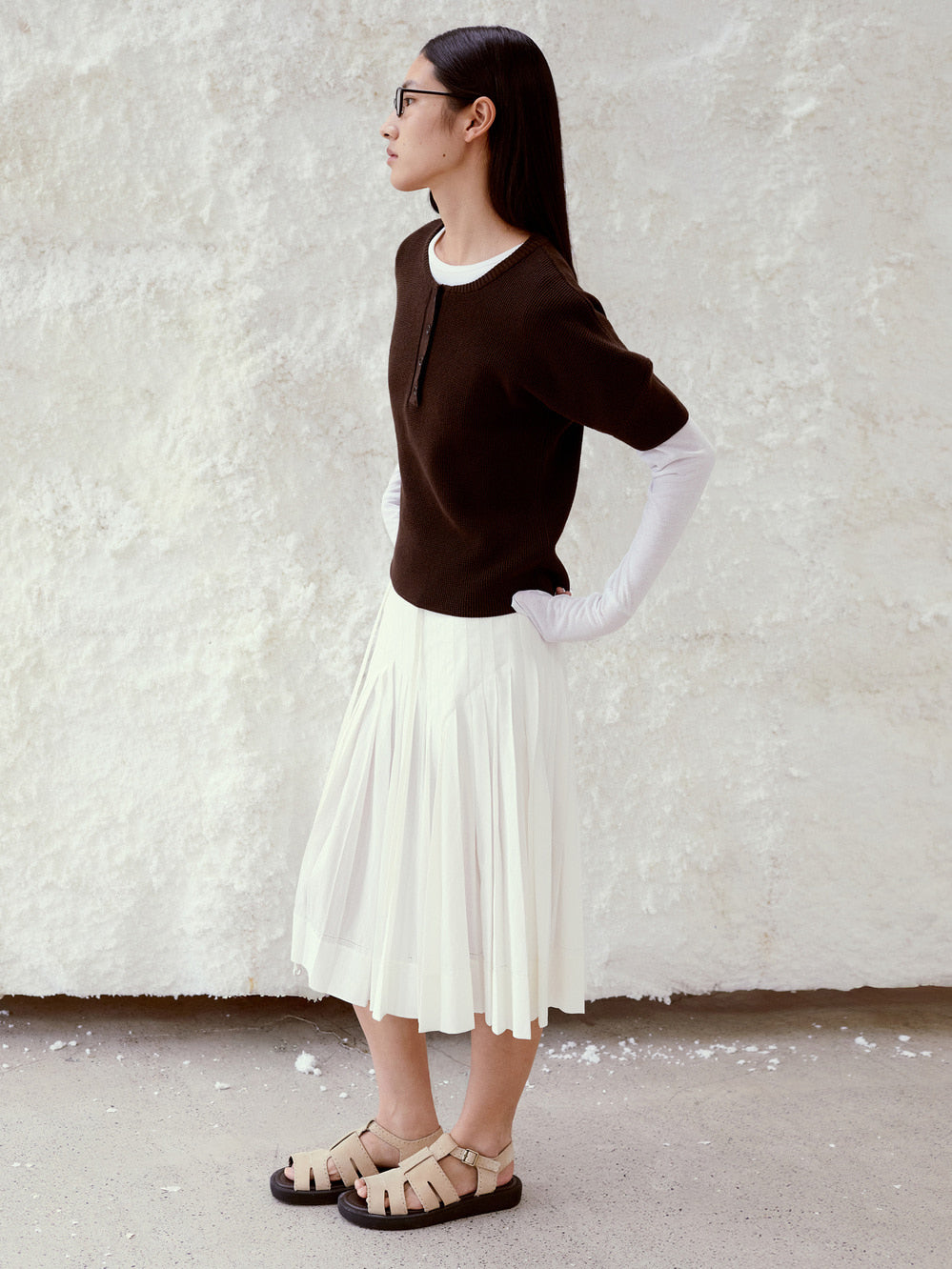 Low Classic Puff Sleeve Henry Neck Knit Top Brown