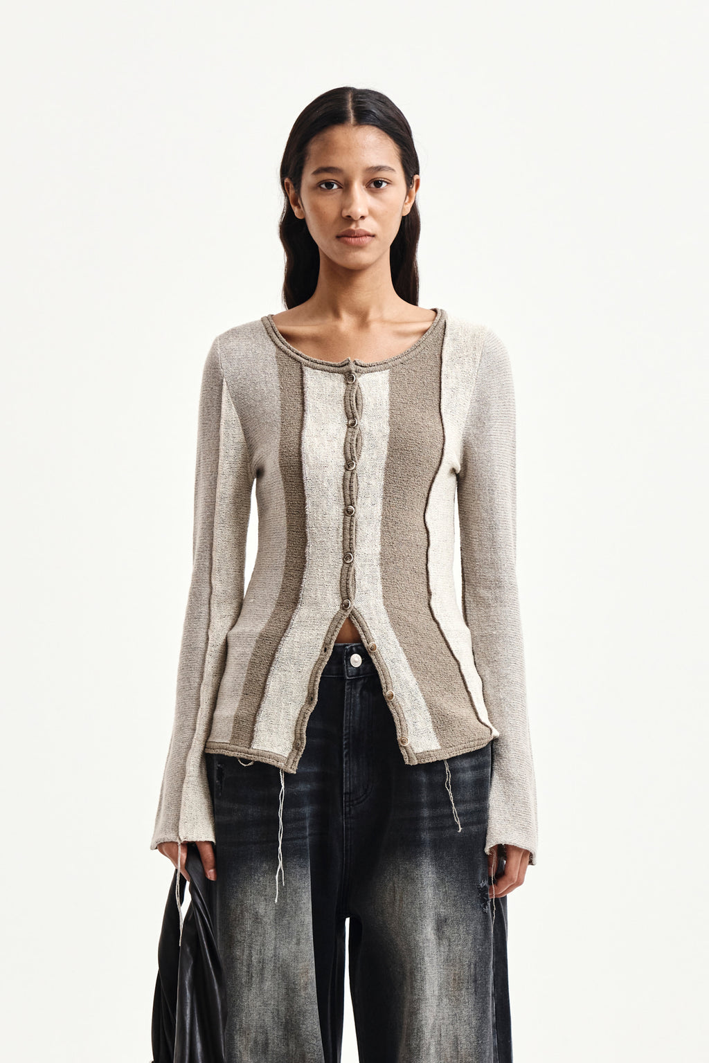 Matinkim Color Block Slim Knit Cardigan IN Beige