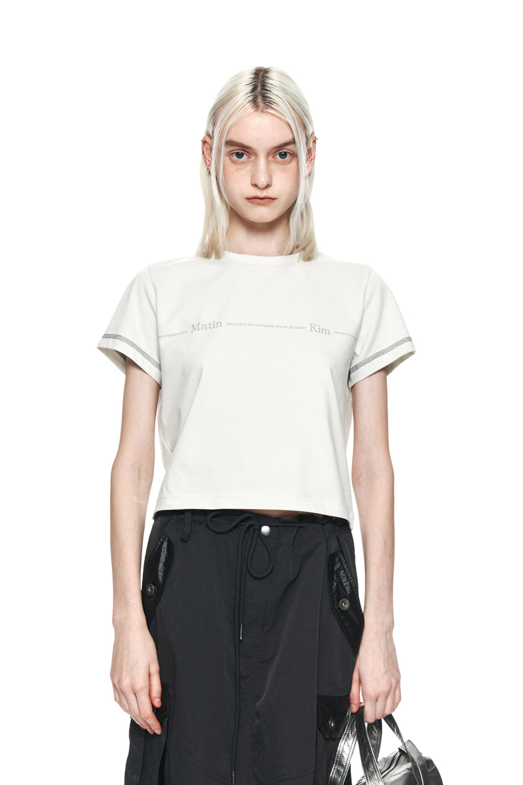 [matinkim] MATIN SMALL LINE LOGO STITCH CROP TOP IN LIGHT GREEN