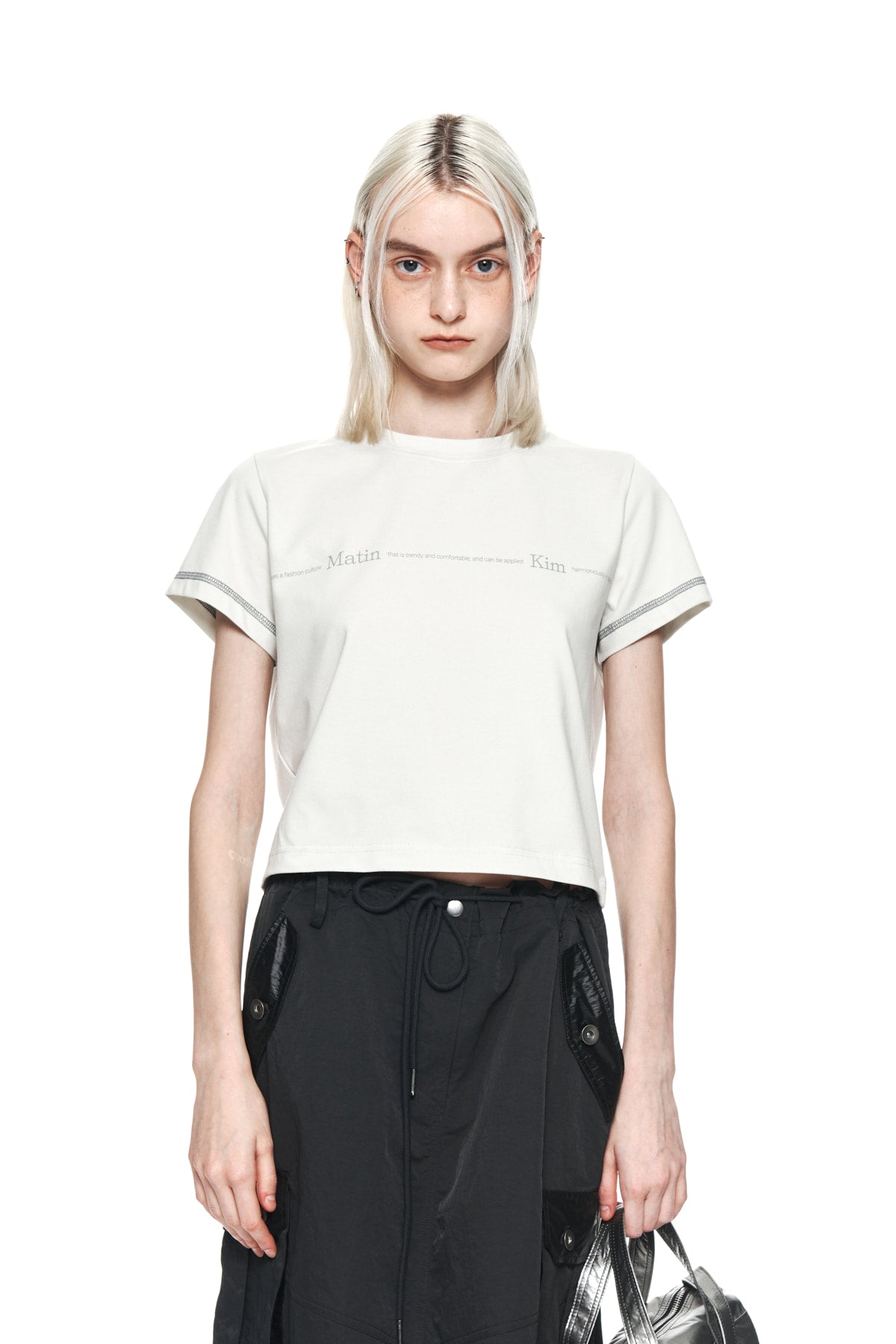 [matinkim] MATIN SMALL LINE LOGO STITCH CROP TOP IN LIGHT GREEN