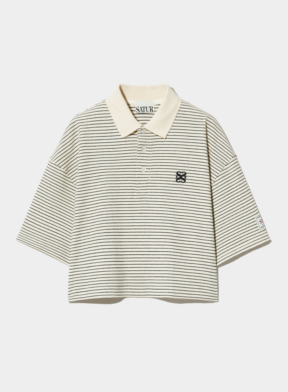 [satur] (W) Stripe Collar T-Shirt - Ivory Black