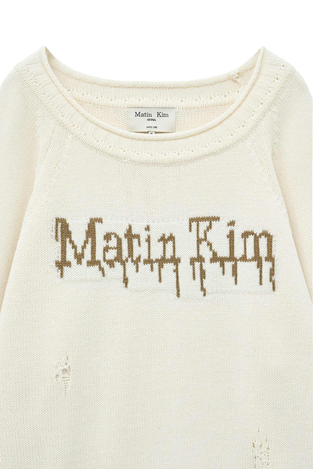 [matinkim] TWO WAY OFF SHOULDER DAMAGE PULLOVER IN IVORY