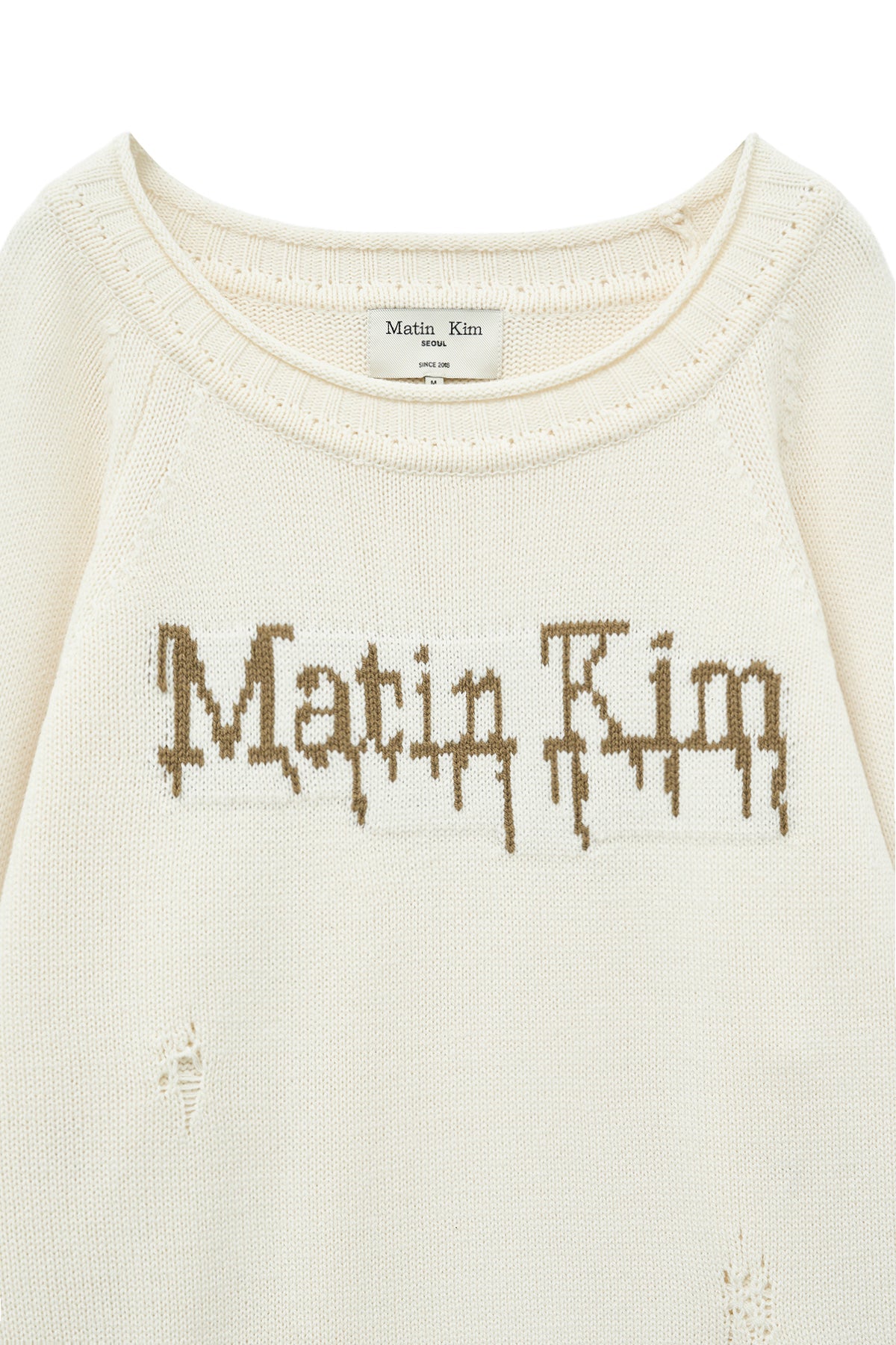[matinkim] TWO WAY OFF SHOULDER DAMAGE PULLOVER IN IVORY