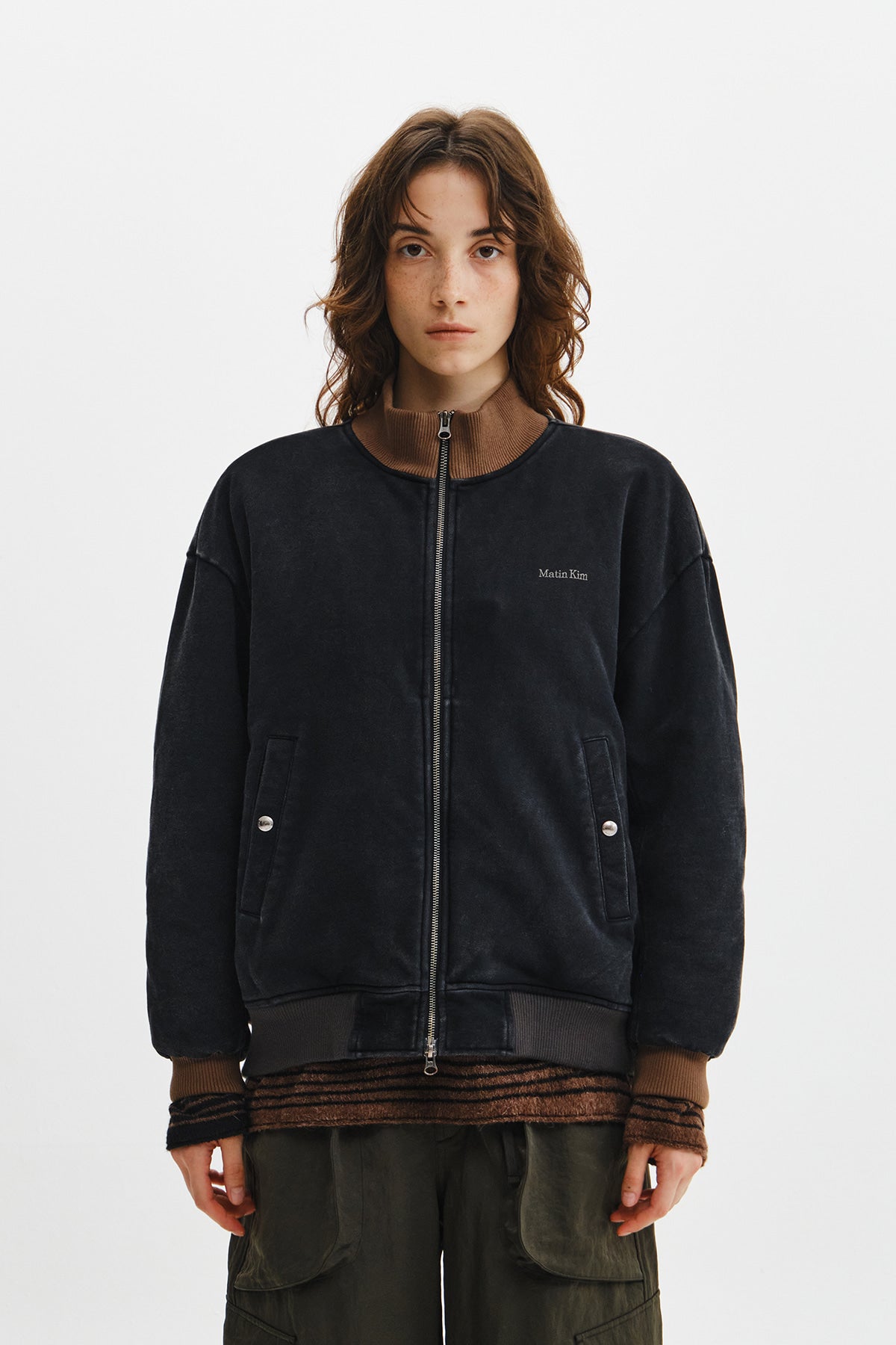 Matinkim Contrast Rib Back Logo Terry Bomber IN Charcoal