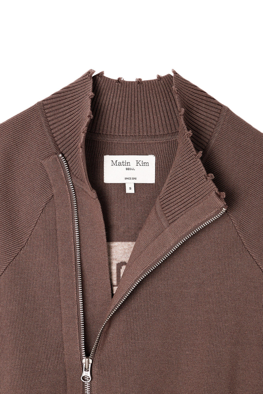 [matinkim] HIGH NECK LOGO KNIT ZIP UP VEST IN BROWN