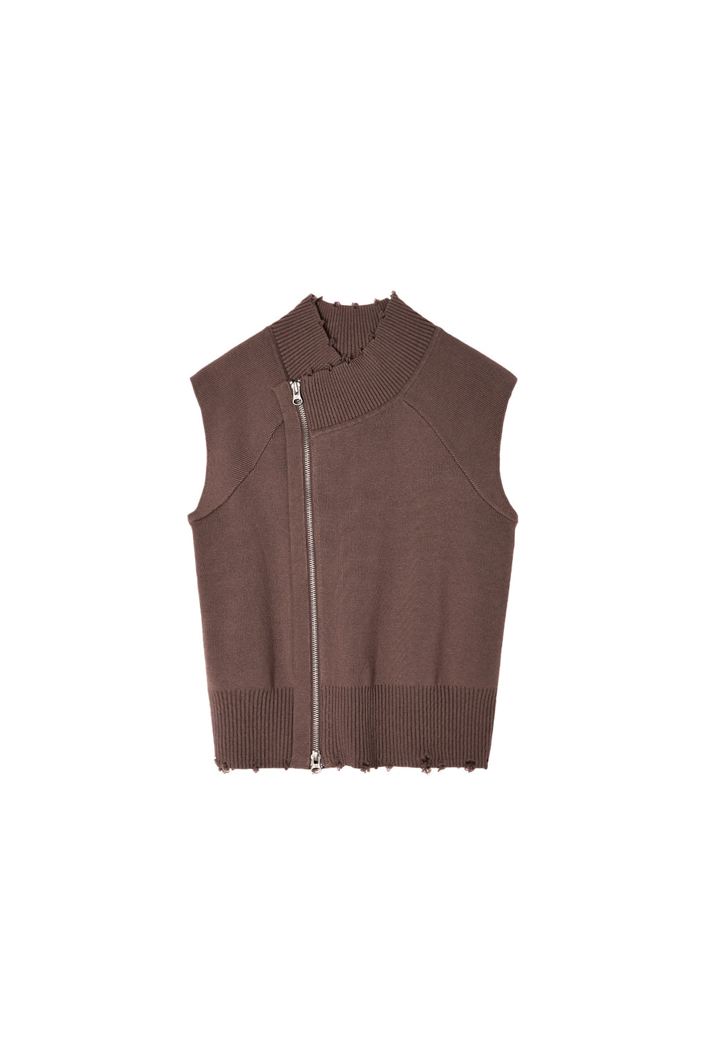 [matinkim] HIGH NECK LOGO KNIT ZIP UP VEST IN BROWN