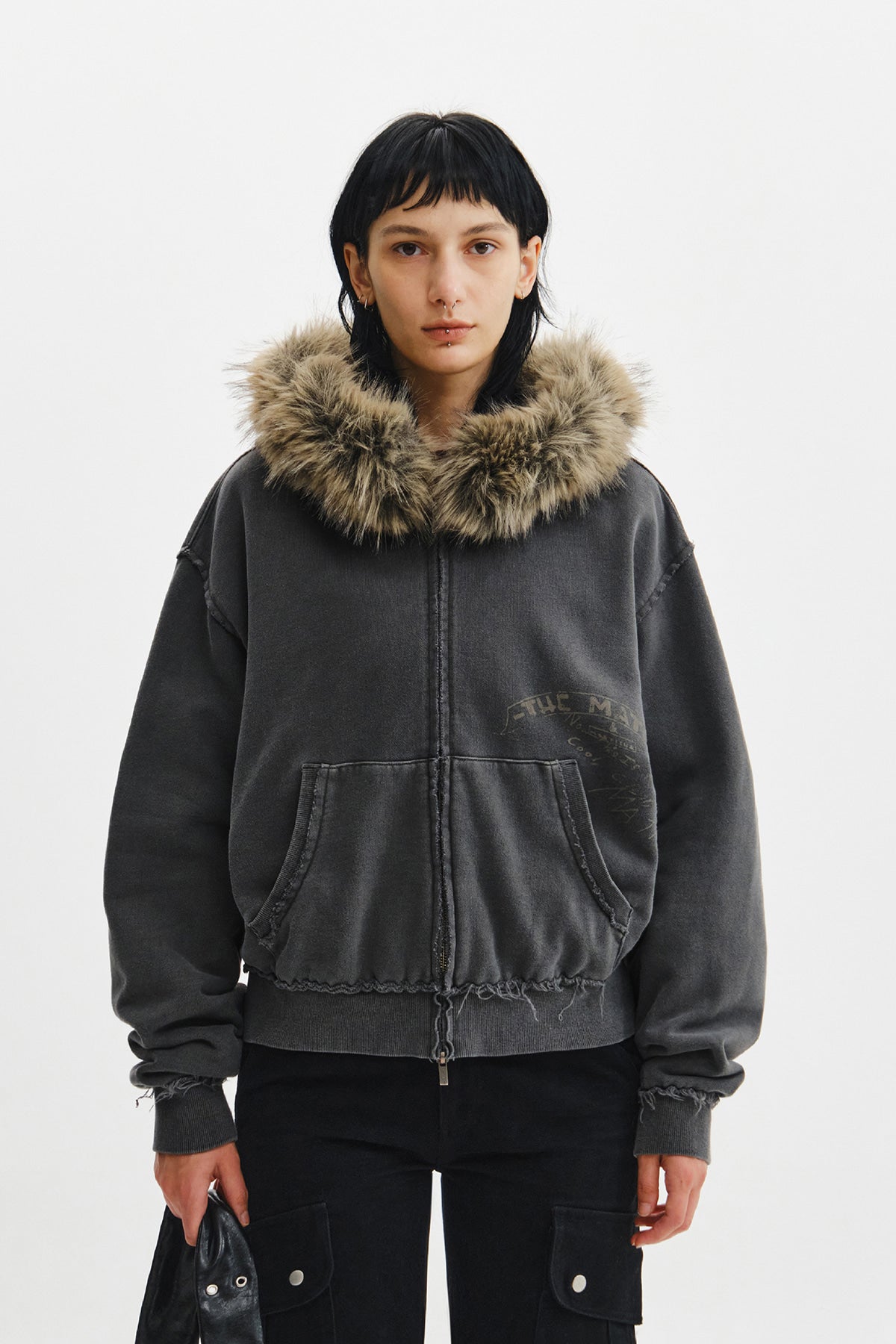 Matinkim Vintage Graffiti Fur-Trim Hoody Zip UP IN Charcoal