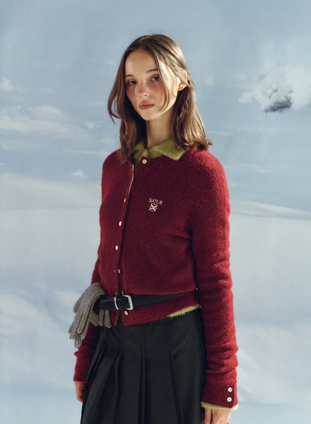 [satur] (W) Loren Wool Blend Crew Neck Knit Cardigan - Red