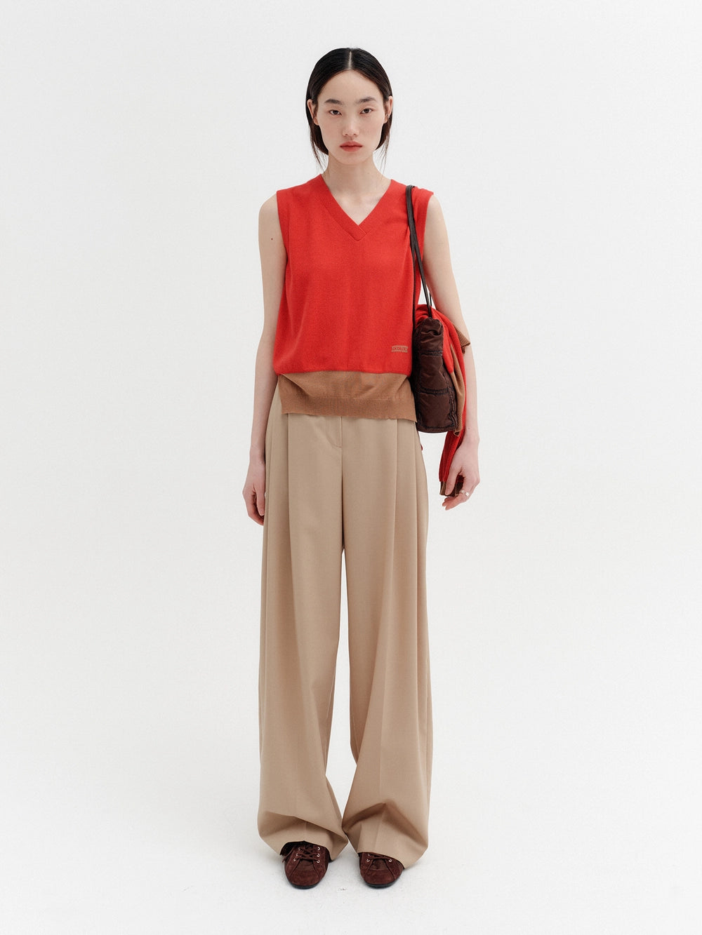 EENK V-Neck Contrast Rib Knit Vest - Red