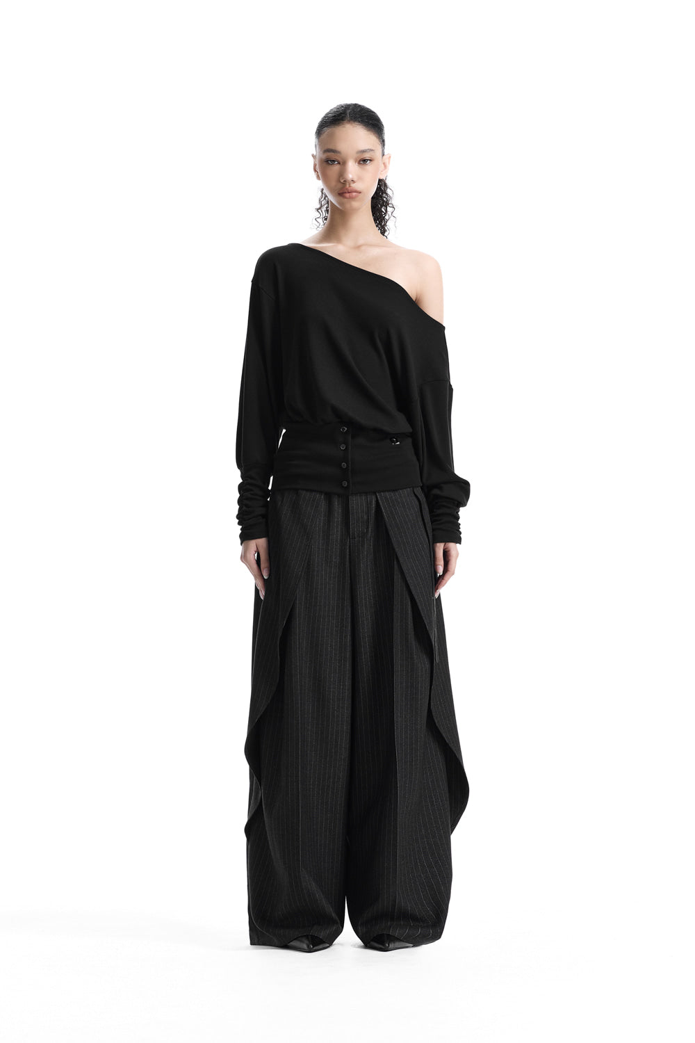 Treemingbird Banded-Waist Blouson Top Black