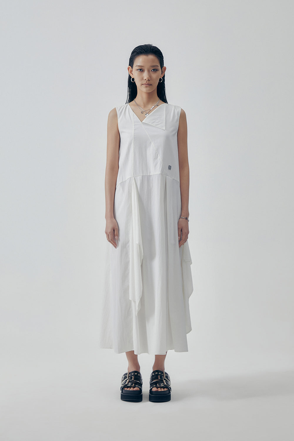 Treemingbird Overlay Draped Sleeveless One-piece White