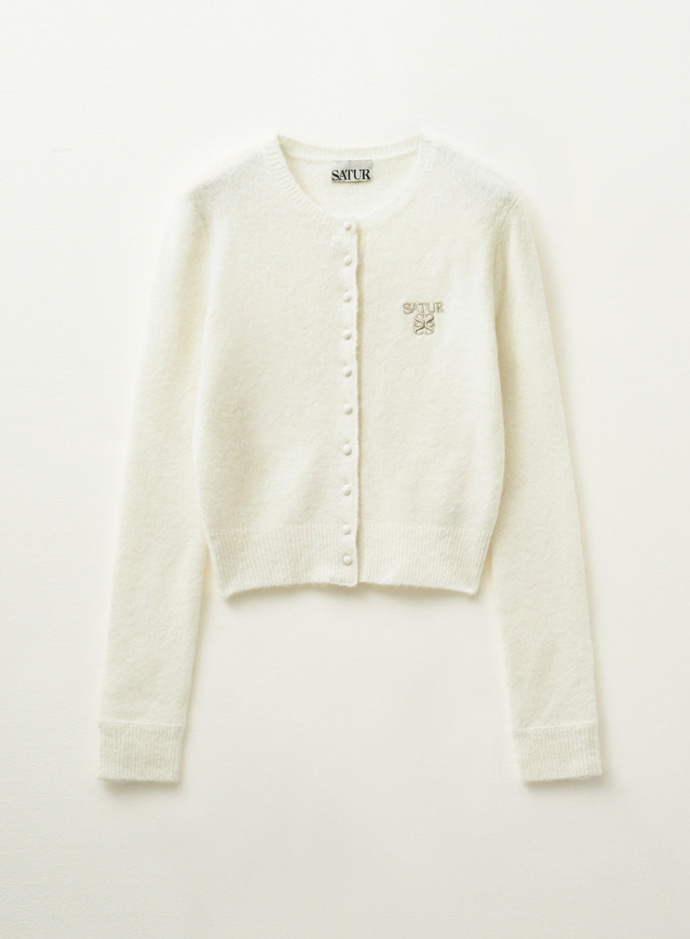 [satur] (W) Loren Wool Blend Crew Neck Knit Cardigan - White