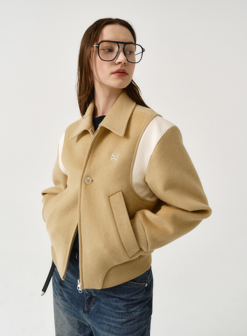 [satur] (W) Percy Wool Blend Varsity Jacket - Organic Beige