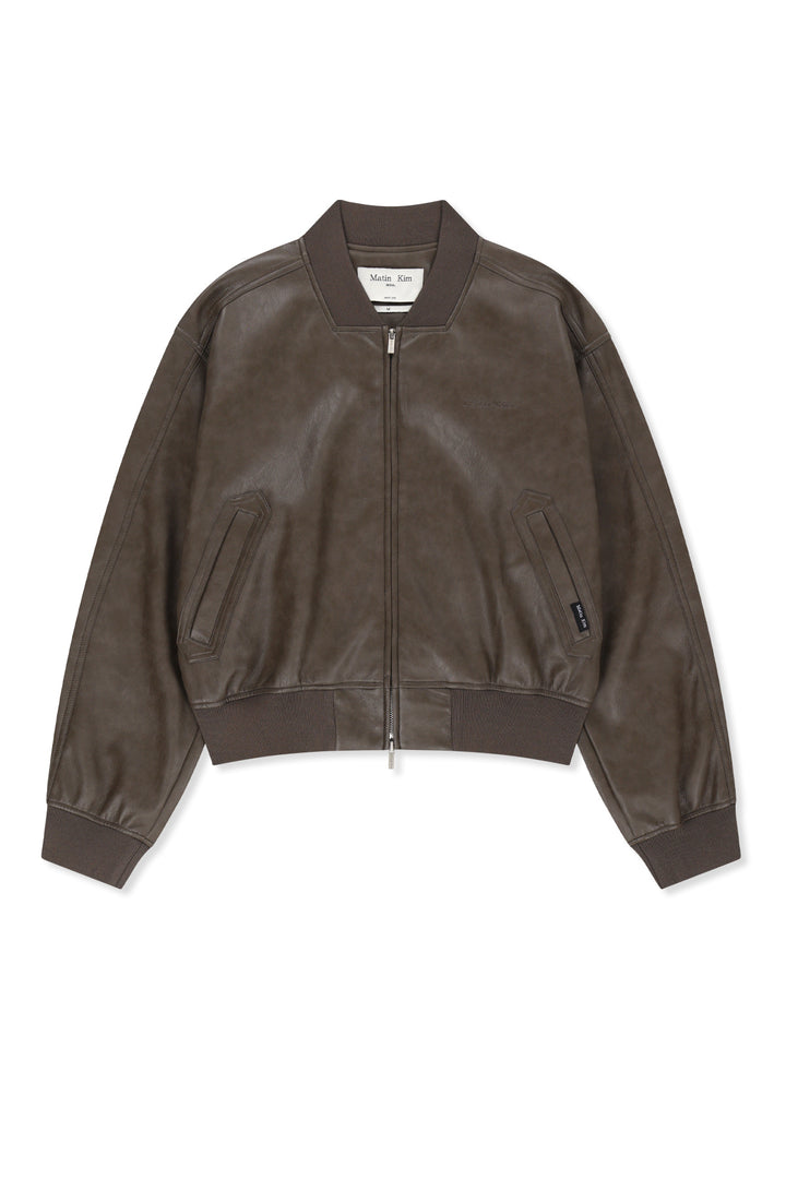 Matinkim Faux Leather Rib Collar Blouson For Women IN Brown