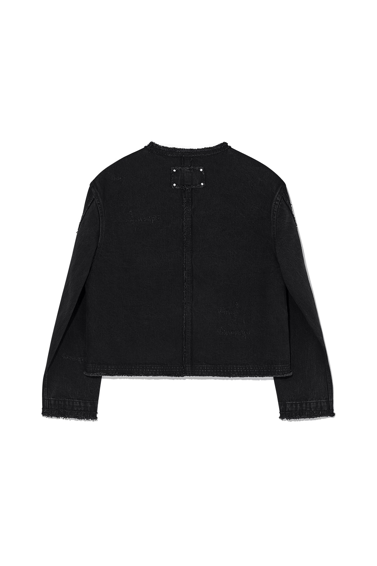 [matinkim] COLLARLESS DAMAGE DENIM JACKET IN BLACK