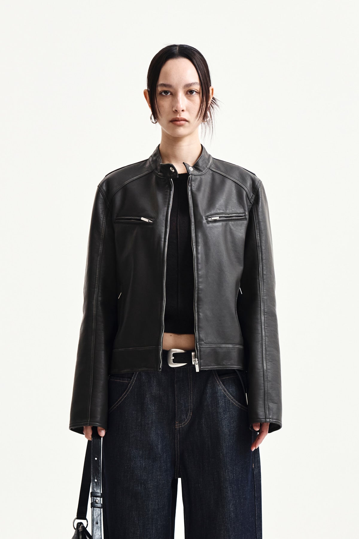 [matinkim] WASHED FAUX LEATHER RACER JUMPER IN CHARCOAL