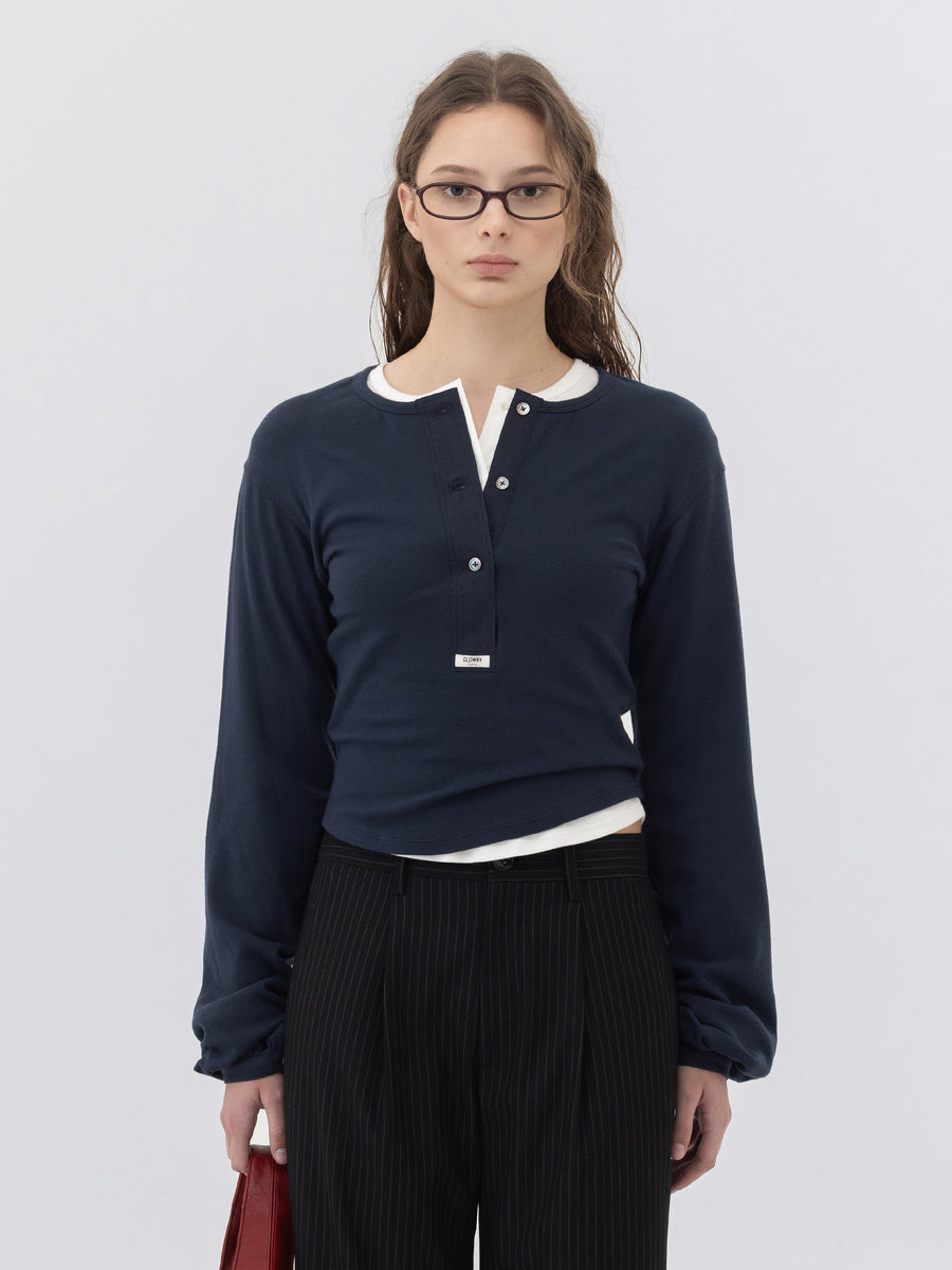 GLOWNY G Plain Henley Long Sleeve (Navy)