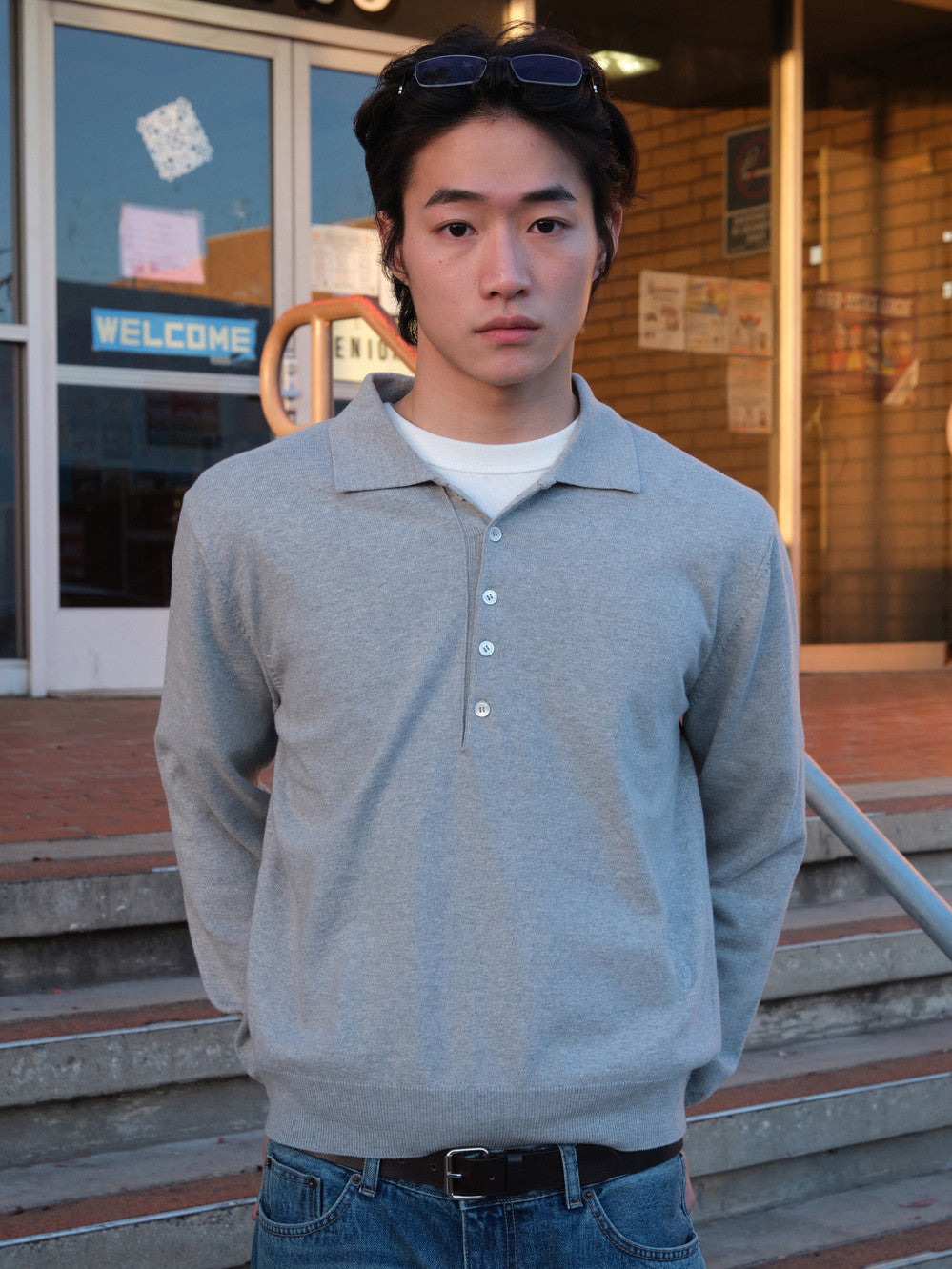 [Low Classic] Polo Sweater_Melange Grey