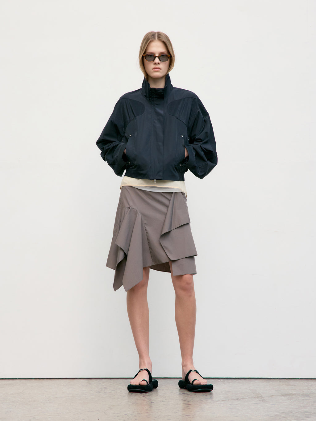 [Low Classic] Unbalance Drape Mini Skirt_Khaki Beige