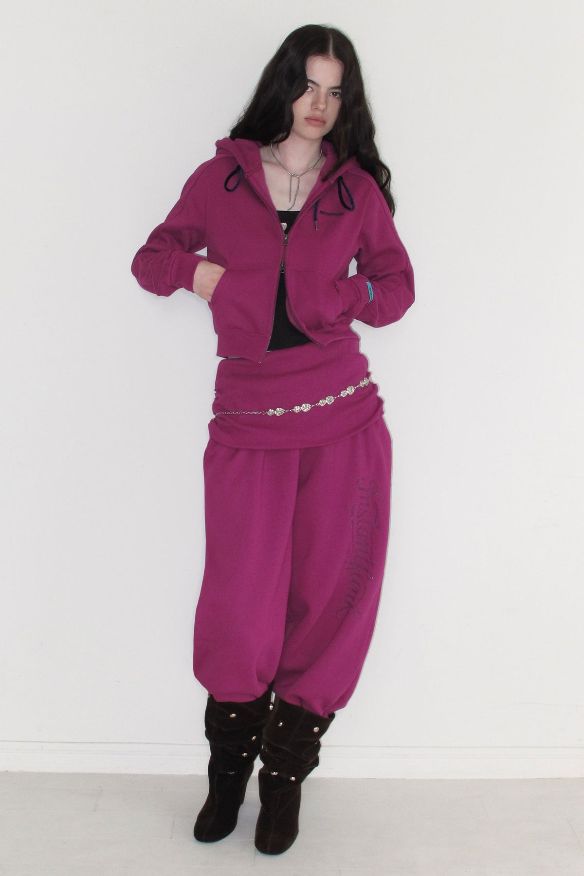 Instantfunk Rhinestone Folded Waist Sweat Pants - Purple