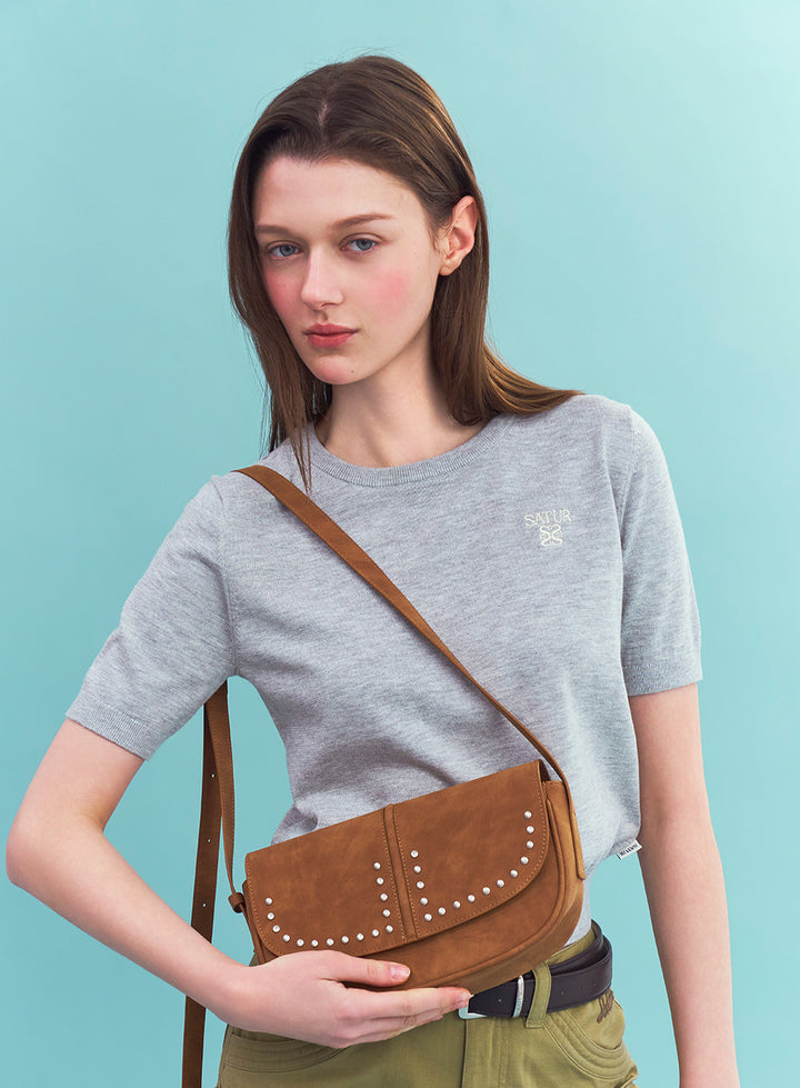 Satur Halfmoon Studded Mini Shoulder Bag - Camel