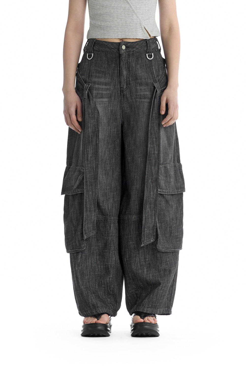 Treemingbird Utility Belted Cargo Denim Pants Gray