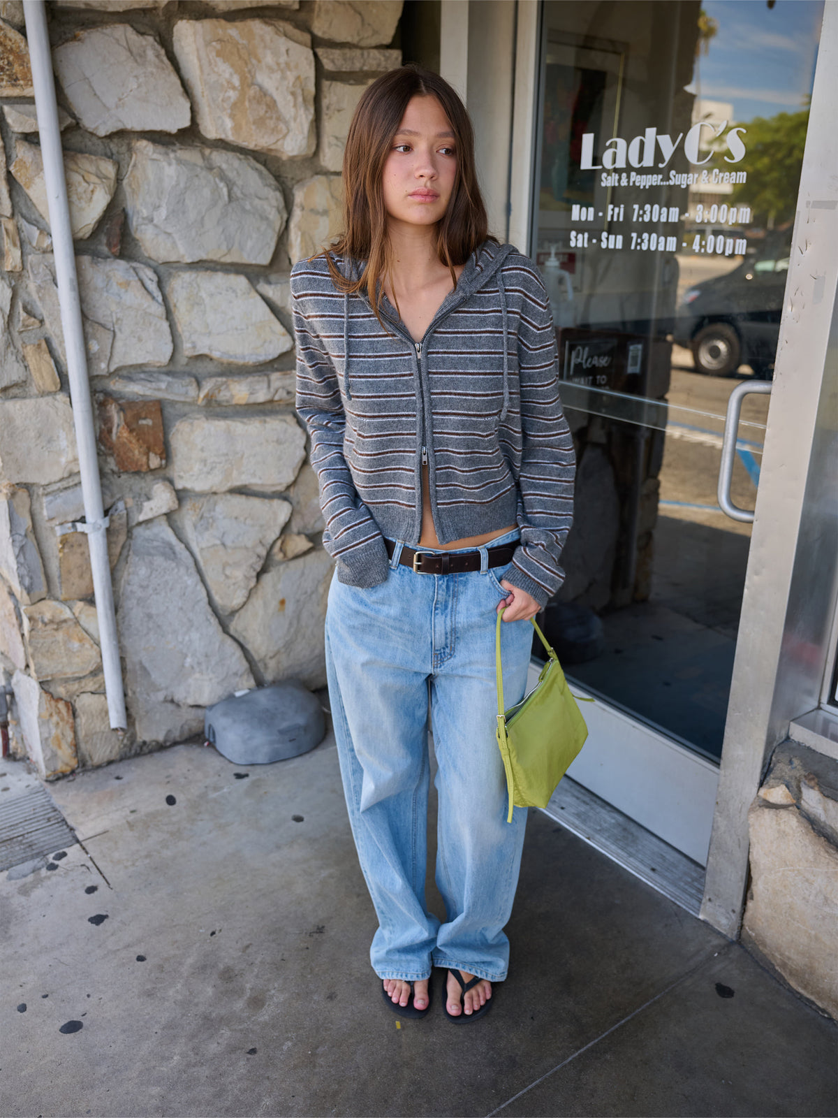 Low Classic Striped Zip-Up Hoodie Sweater Melange Grey