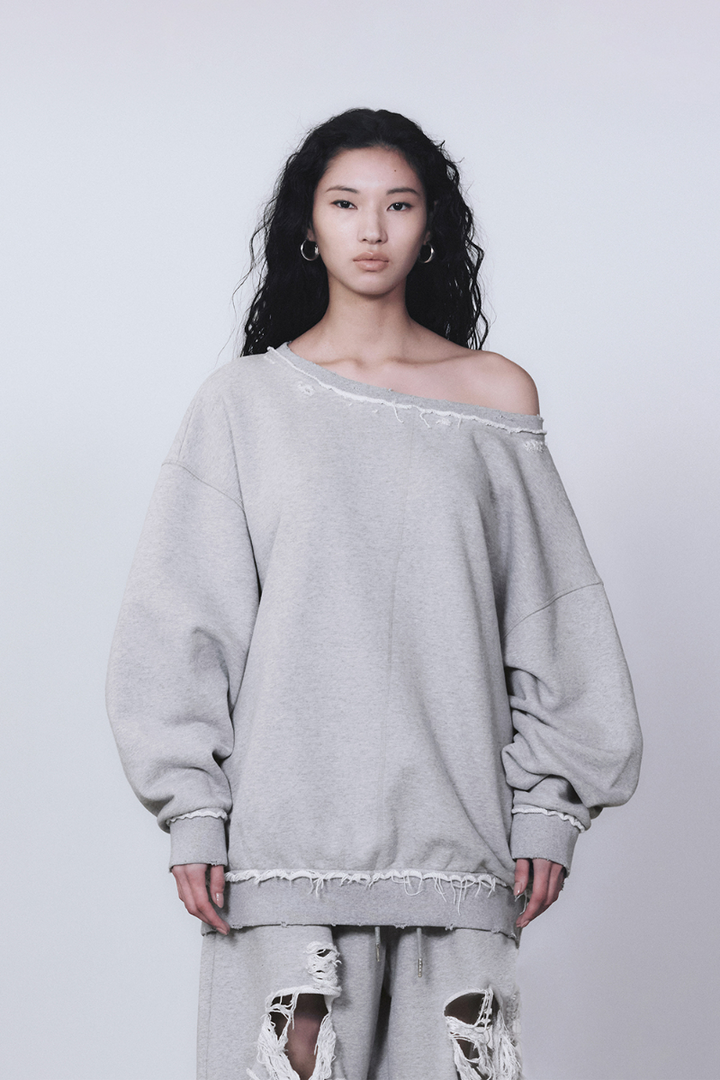 Treemingbird Scratch Damage Boat Neck Sweat Shirt Melange Gray