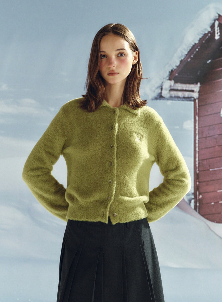 Satur (W) Hairy Collar Knit Cardigan - Olive Green