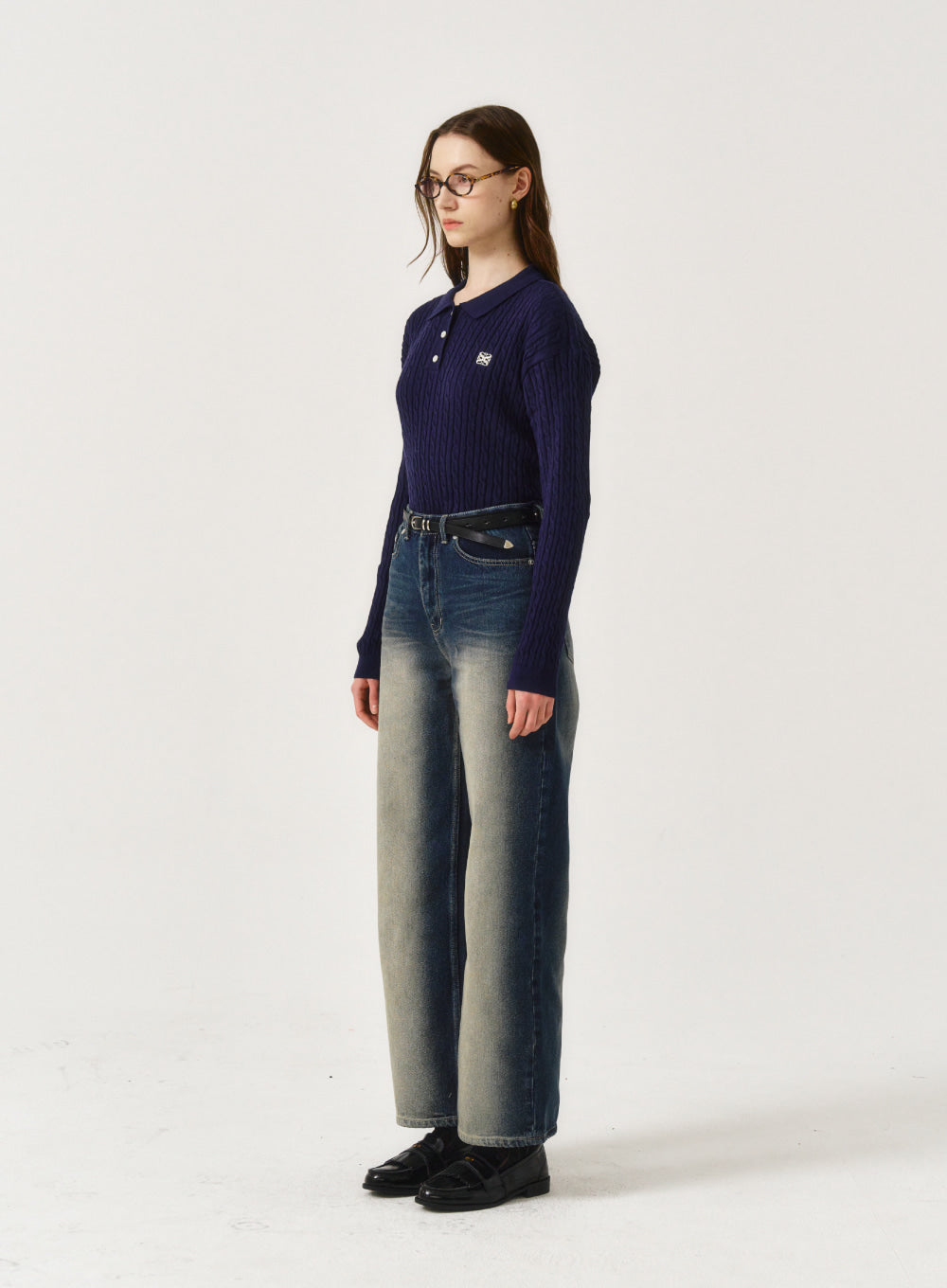 [satur] (W) Winsome Basic Cable Collar Knit - Breeze Navy