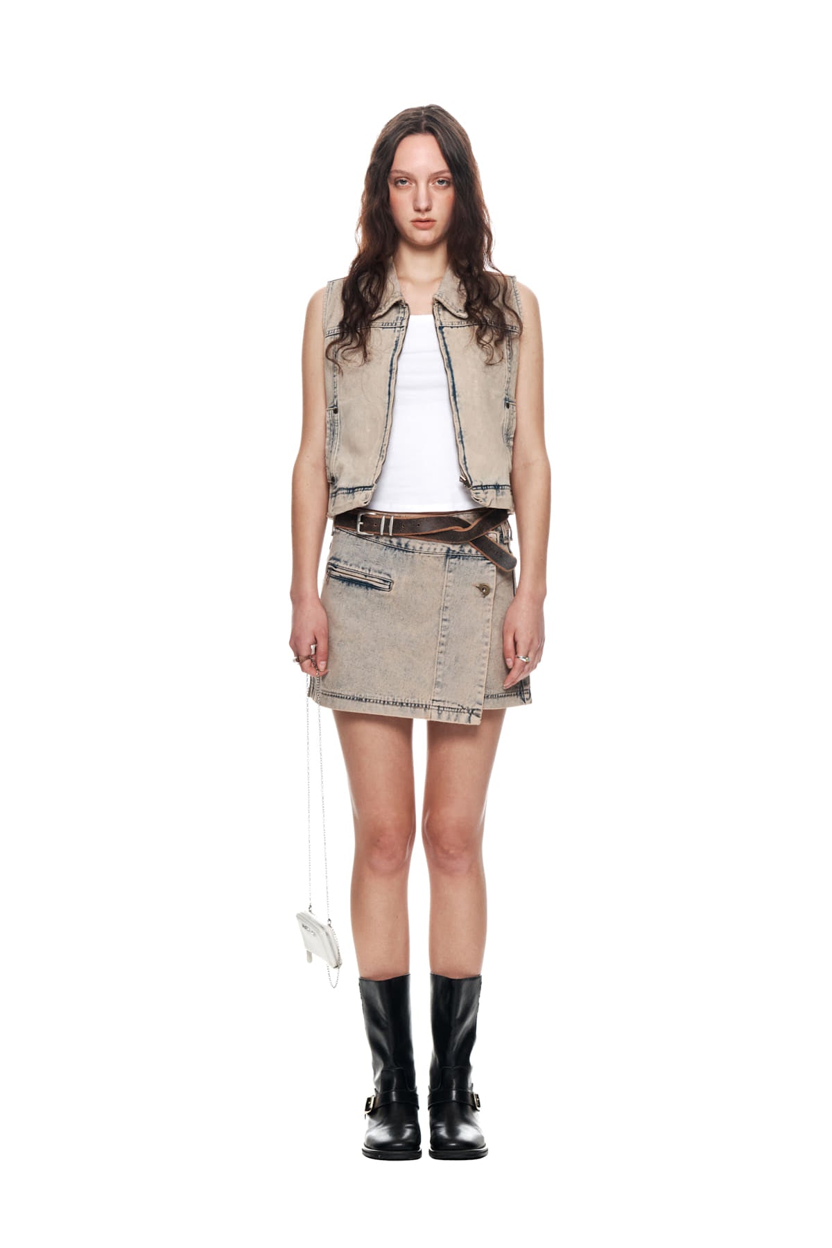 Matinkim Pleats Wrap Denim Mini Skirt IN Beige