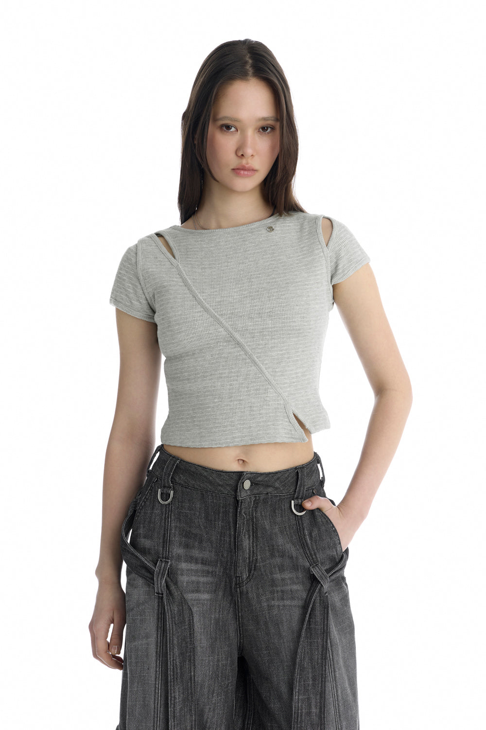 Treemingbird Slim-Fit Slit Ribbed T-Shirt Melange Gray