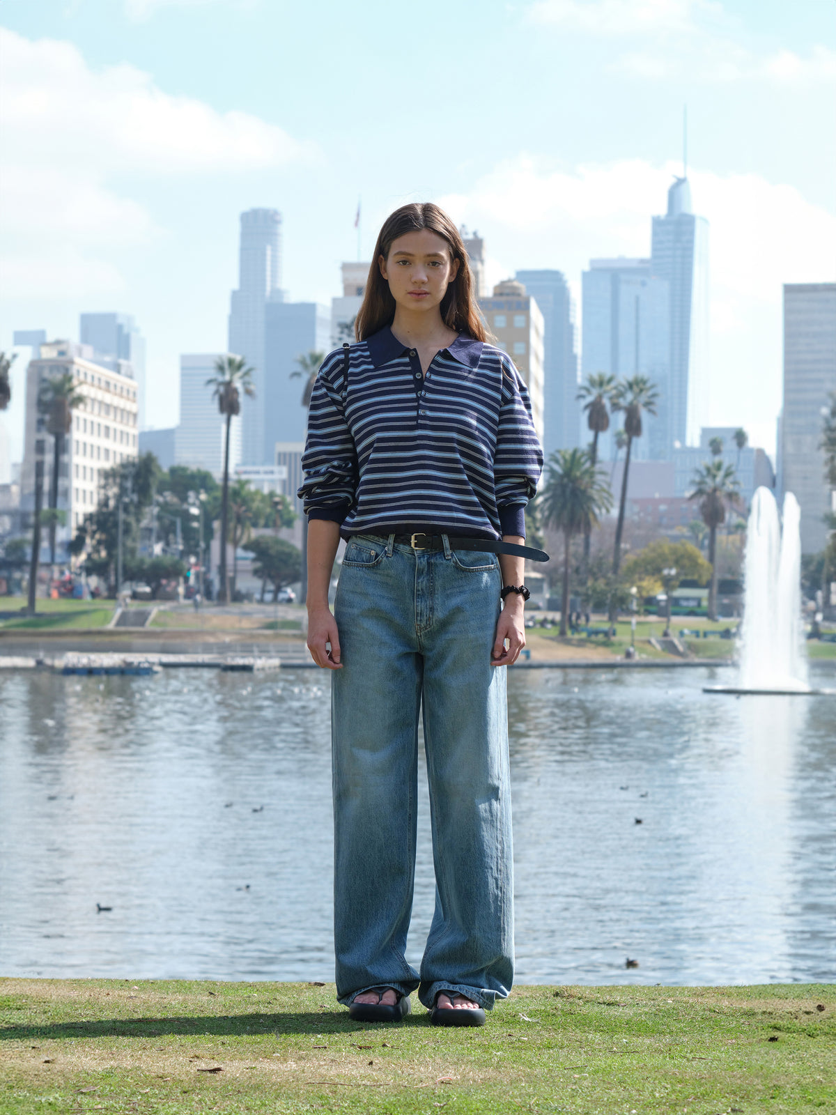 Low Classic Striped Open Collar Sweater Navy Stripe