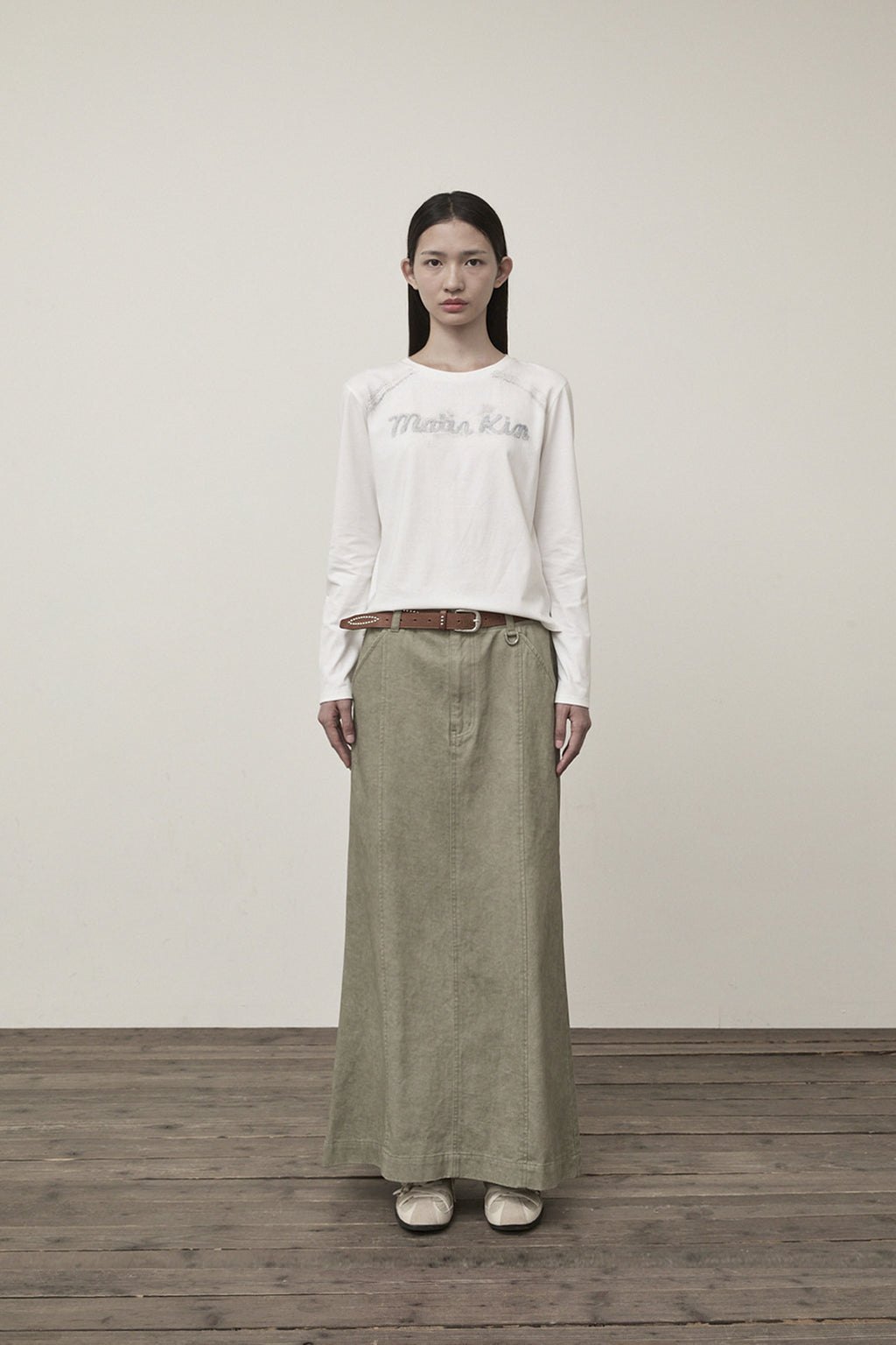 [matinkim] WASHED MERMAID LONG SKIRT IN LIGHT KHAKI